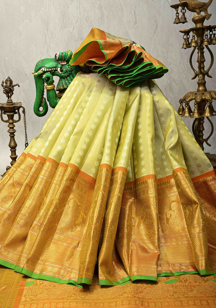 Chartreuse Pure Gadwal Silk Saree with Gold-Silver Buttas and Contrast Wide Zari Border | SILK MARK CERTIFIED