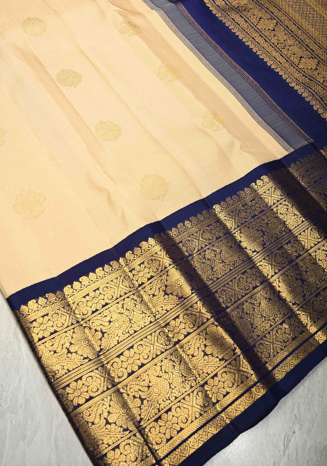 Beige Korvai Gadwal Pure Silk Saree with Gandaberunda Zari Buttas and Contrast Wide Zari Border | SILK MARK CERTIFIED