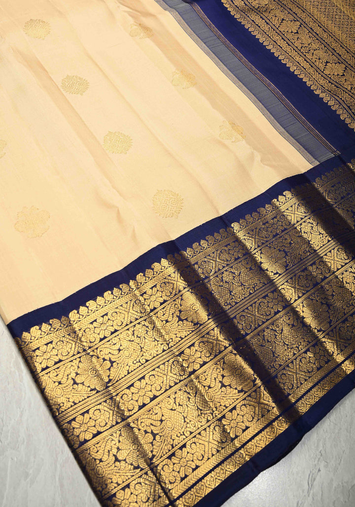 Beige Korvai Gadwal Pure Silk Saree with Gandaberunda Zari Buttas and Contrast Wide Zari Border | SILK MARK CERTIFIED
