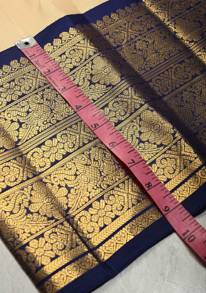 Beige Korvai Gadwal Pure Silk Saree with Gandaberunda Zari Buttas and Contrast Wide Zari Border | SILK MARK CERTIFIED