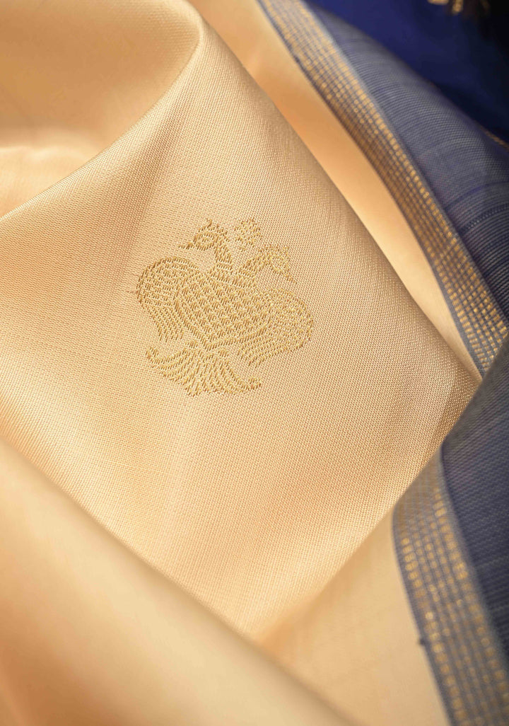 Beige Korvai Gadwal Pure Silk Saree with Gandaberunda Zari Buttas and Contrast Wide Zari Border | SILK MARK CERTIFIED