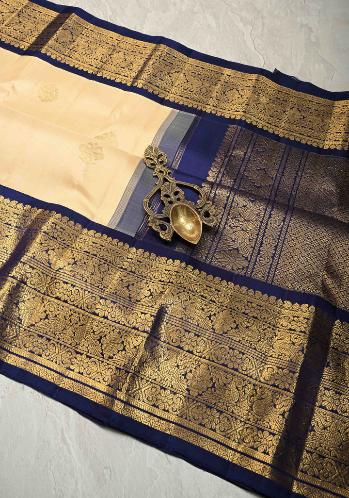 Beige Korvai Gadwal Pure Silk Saree with Gandaberunda Zari Buttas and Contrast Wide Zari Border | SILK MARK CERTIFIED