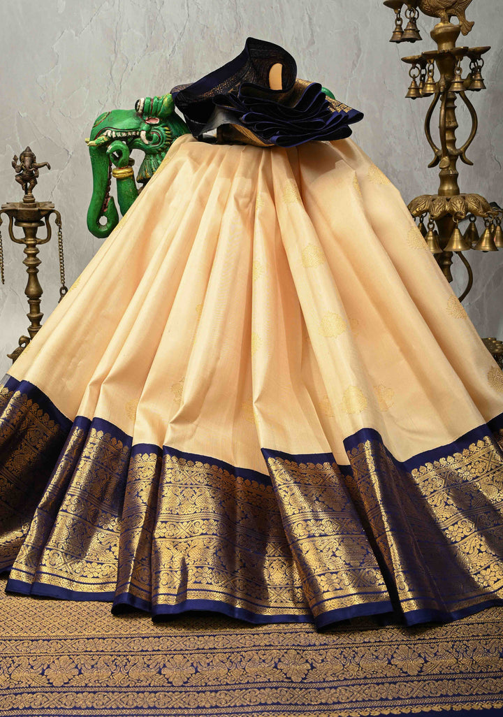 Beige Korvai Gadwal Pure Silk Saree with Gandaberunda Zari Buttas and Contrast Wide Zari Border | SILK MARK CERTIFIED