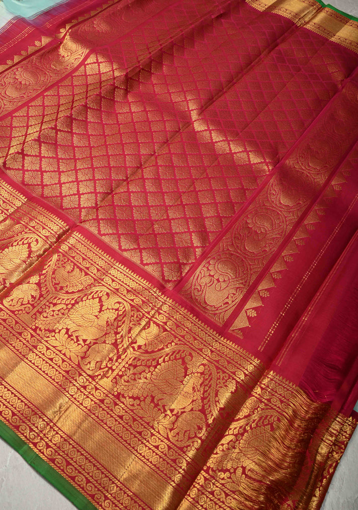 Korvai Sky Blue Gadwal Silk Saree with Gold-Silver Buttas and Wide Rani Pink Contrast Zari Border | SILK MARK CERTIFIED