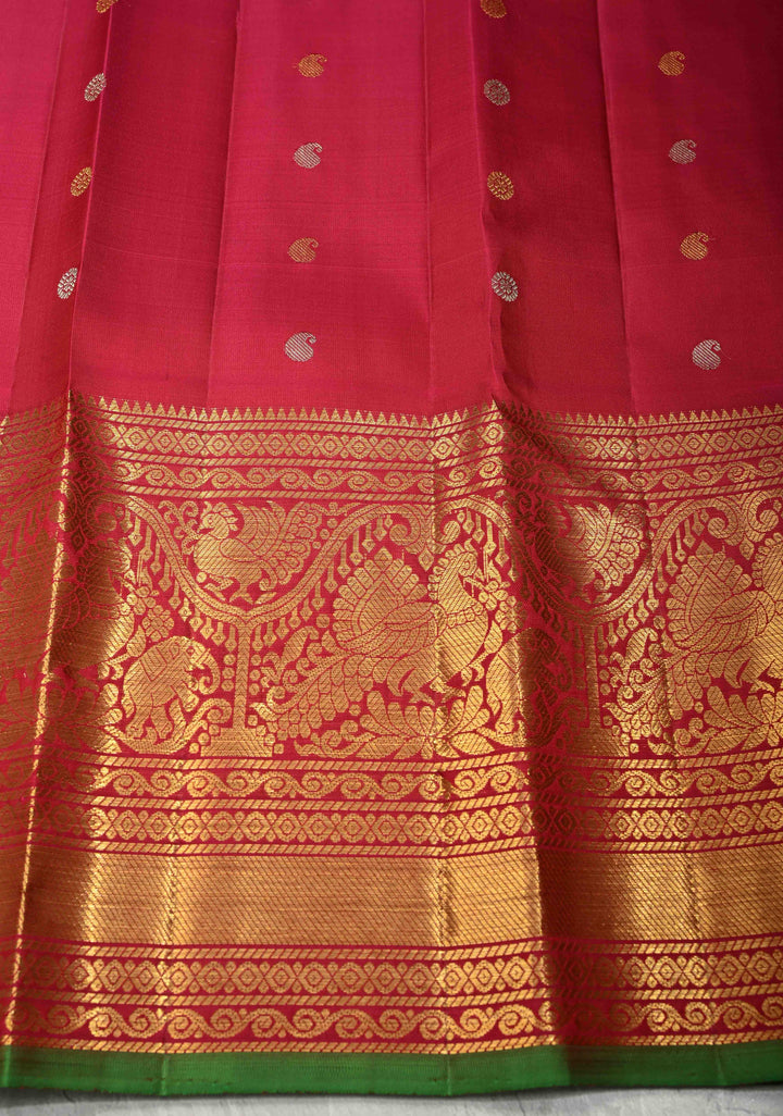 Korvai Sky Blue Gadwal Silk Saree with Gold-Silver Buttas and Wide Rani Pink Contrast Zari Border | SILK MARK CERTIFIED