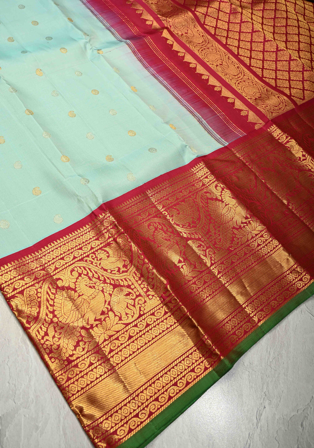 Korvai Sky Blue Gadwal Silk Saree with Gold-Silver Buttas and Wide Rani Pink Contrast Zari Border | SILK MARK CERTIFIED