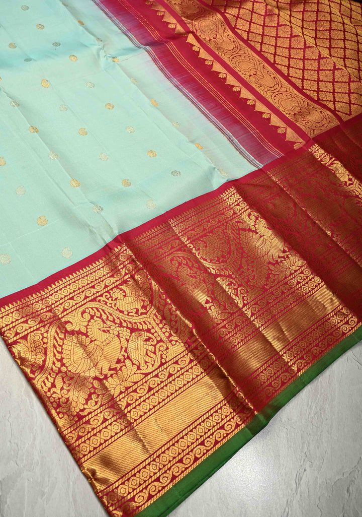 Korvai Sky Blue Gadwal Silk Saree with Gold-Silver Buttas and Wide Rani Pink Contrast Zari Border | SILK MARK CERTIFIED