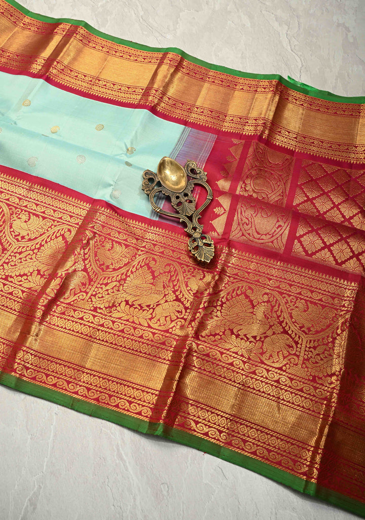 Korvai Sky Blue Gadwal Silk Saree with Gold-Silver Buttas and Wide Rani Pink Contrast Zari Border | SILK MARK CERTIFIED