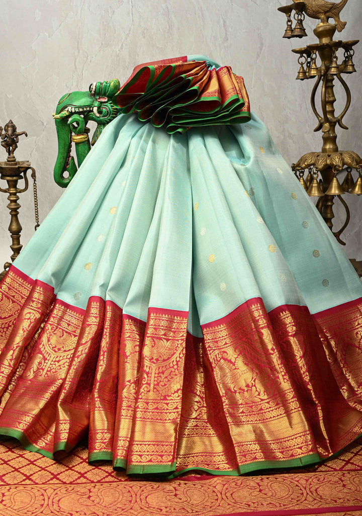 Korvai Sky Blue Gadwal Silk Saree with Gold-Silver Buttas and Wide Rani Pink Contrast Zari Border | SILK MARK CERTIFIED