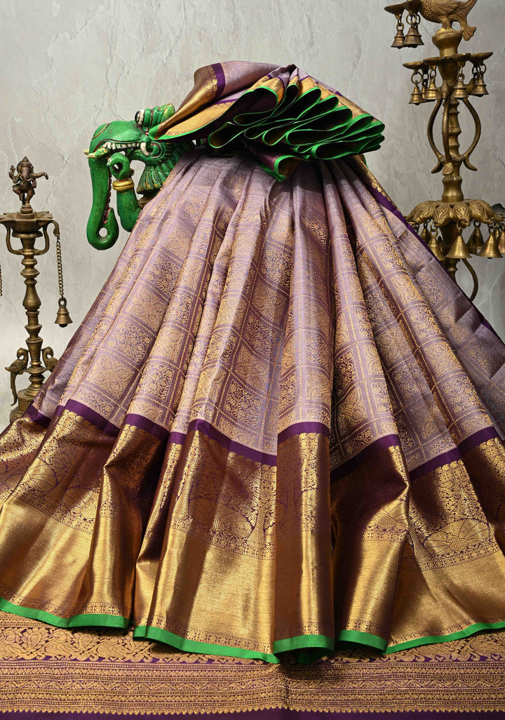 Dusty Amethyst Pure Gadwal Silk Saree with Patola Brocade and Contrast Wide Zari Border | SILK MARK CERTIFIED