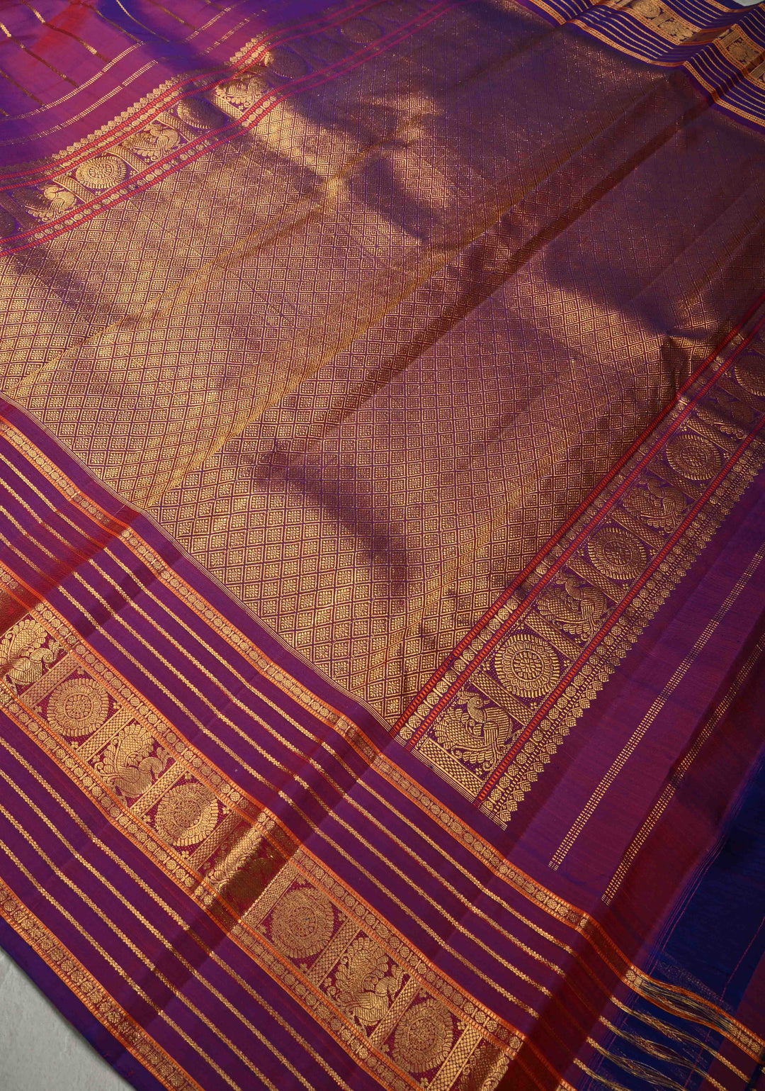 Purple-Red Dual tone Pure Gadwal Silk Saree with Horizontal Veldhari Zari Stripes and Wide Zari Border | SILK MARK CERTIFIED | SHOBITAM