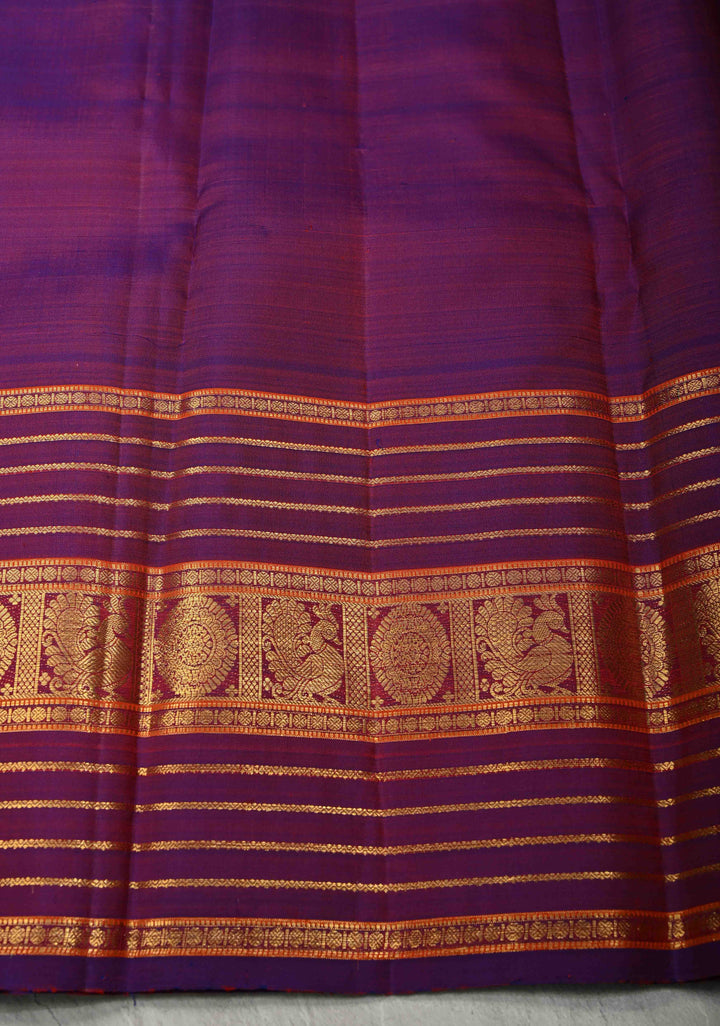 Purple-Red Dual tone Pure Gadwal Silk Saree with Horizontal Veldhari Zari Stripes and Wide Zari Border | SILK MARK CERTIFIED | SHOBITAM