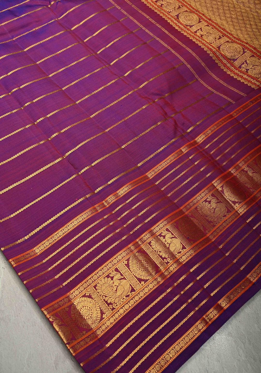 Purple-Red Dual tone Pure Gadwal Silk Saree with Horizontal Veldhari Zari Stripes and Wide Zari Border | SILK MARK CERTIFIED | SHOBITAM