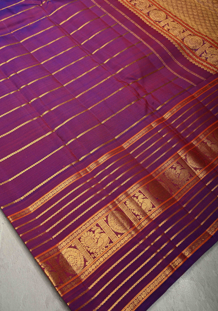 Purple-Red Dual tone Pure Gadwal Silk Saree with Horizontal Veldhari Zari Stripes and Wide Zari Border | SILK MARK CERTIFIED | SHOBITAM