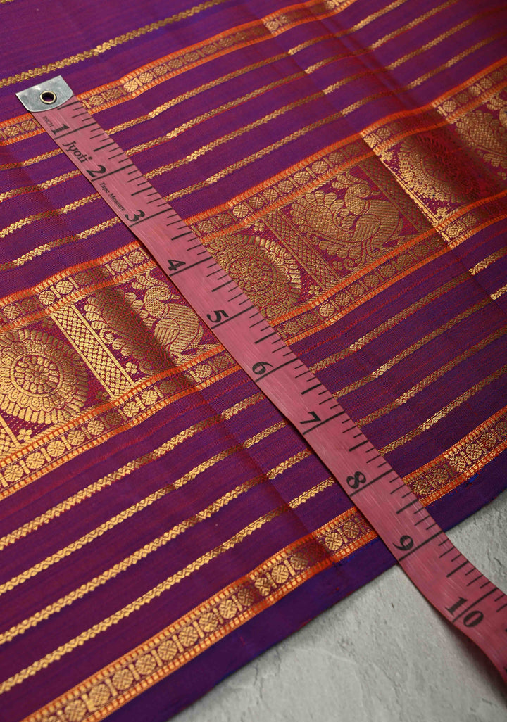Purple-Red Dual tone Pure Gadwal Silk Saree with Horizontal Veldhari Zari Stripes and Wide Zari Border | SILK MARK CERTIFIED | SHOBITAM