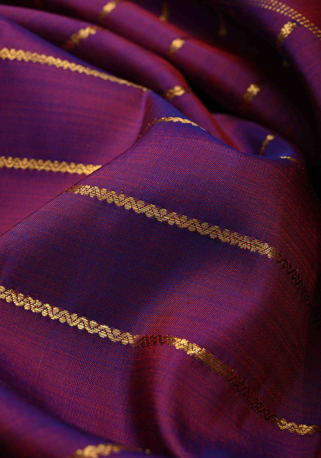 Purple-Red Dual tone Pure Gadwal Silk Saree with Horizontal Veldhari Zari Stripes and Wide Zari Border | SILK MARK CERTIFIED | SHOBITAM