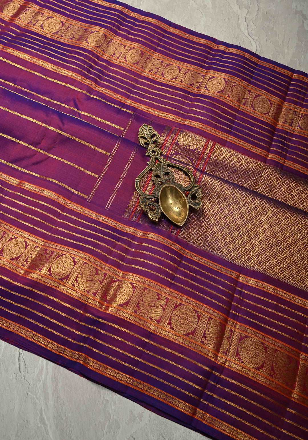 Purple-Red Dual tone Pure Gadwal Silk Saree with Horizontal Veldhari Zari Stripes and Wide Zari Border | SILK MARK CERTIFIED | SHOBITAM