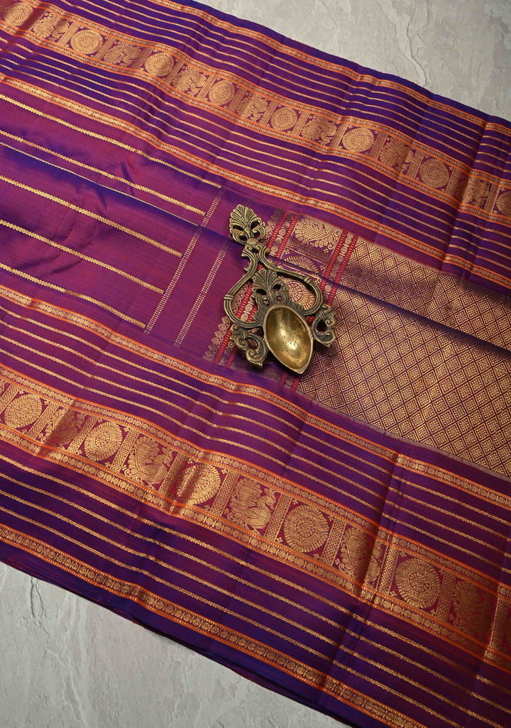 Purple-Red Dual tone Pure Gadwal Silk Saree with Horizontal Veldhari Zari Stripes and Wide Zari Border | SILK MARK CERTIFIED | SHOBITAM