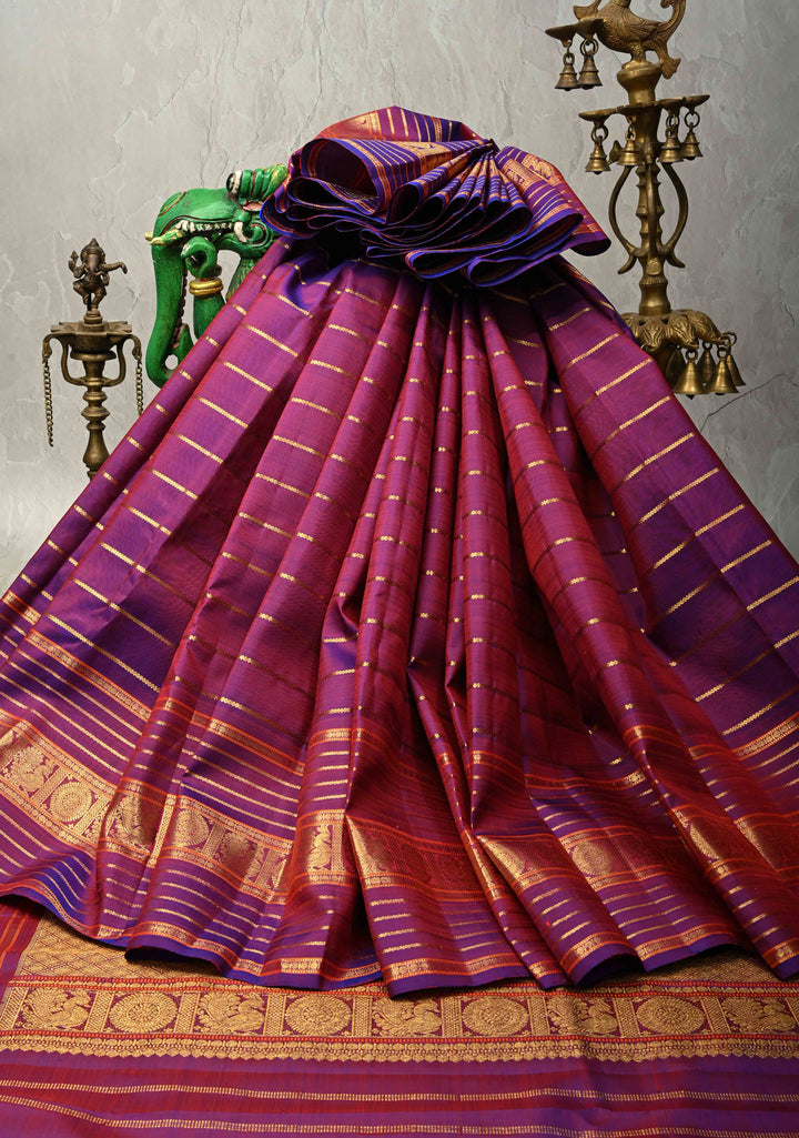 Purple-Red Dual tone Pure Gadwal Silk Saree with Horizontal Veldhari Zari Stripes and Wide Zari Border | SILK MARK CERTIFIED | SHOBITAM