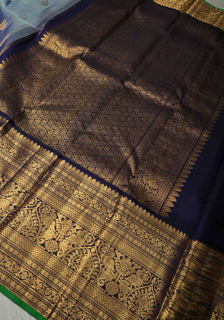 Gray Authentic Handloom Gadwal Pure Silk Saree with Gold-Silver Buttas and Contrast Wide Zari Border | SILK MARK CERTIFIED | SHOBITAM