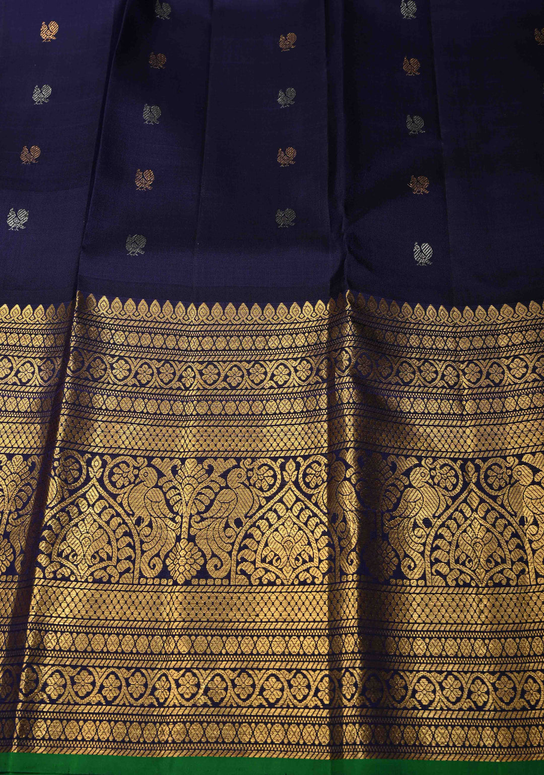 Gray Authentic Handloom Gadwal Pure Silk Saree with Gold-Silver Buttas and Contrast Wide Zari Border | SILK MARK CERTIFIED | SHOBITAM