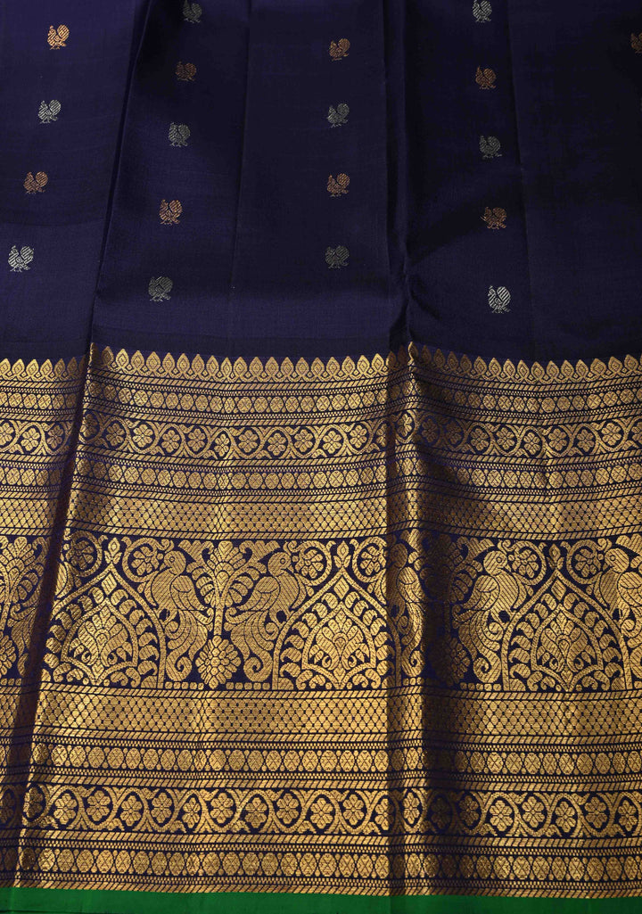 Gray Authentic Handloom Gadwal Pure Silk Saree with Gold-Silver Buttas and Contrast Wide Zari Border | SILK MARK CERTIFIED | SHOBITAM