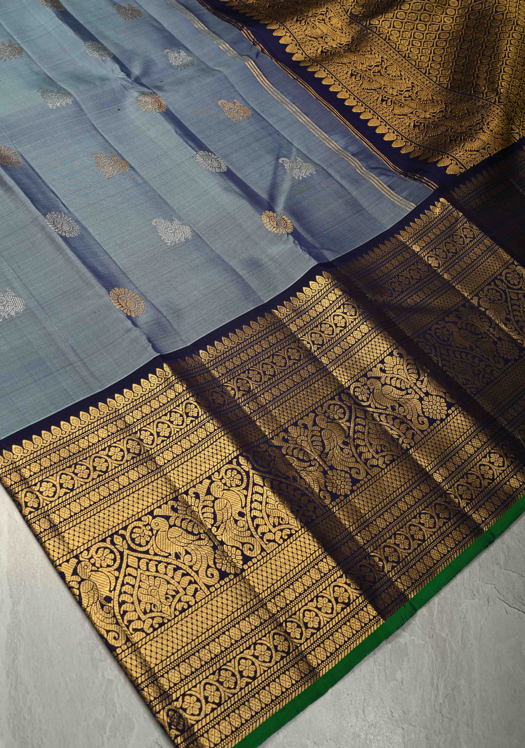 Gray Authentic Handloom Gadwal Pure Silk Saree with Gold-Silver Buttas and Contrast Wide Zari Border | SILK MARK CERTIFIED | SHOBITAM