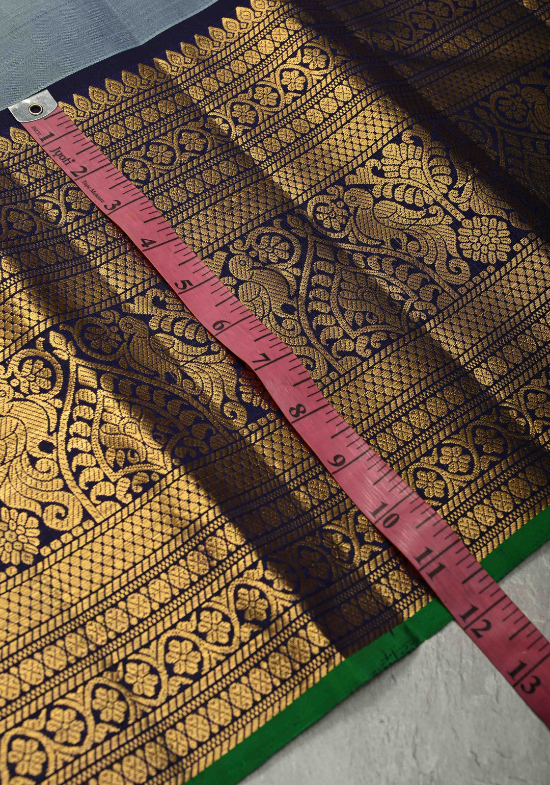 Gray Authentic Handloom Gadwal Pure Silk Saree with Gold-Silver Buttas and Contrast Wide Zari Border | SILK MARK CERTIFIED | SHOBITAM