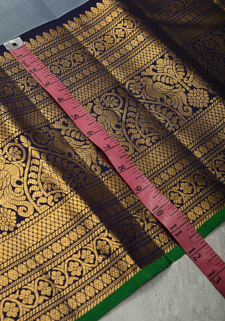 Gray Authentic Handloom Gadwal Pure Silk Saree with Gold-Silver Buttas and Contrast Wide Zari Border | SILK MARK CERTIFIED | SHOBITAM