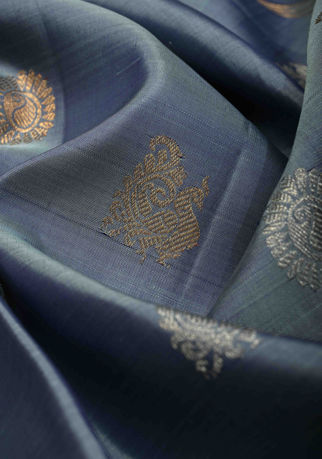 Gray Authentic Handloom Gadwal Pure Silk Saree with Gold-Silver Buttas and Contrast Wide Zari Border | SILK MARK CERTIFIED | SHOBITAM