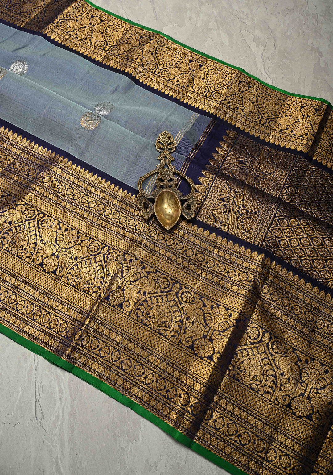 Gray Authentic Handloom Gadwal Pure Silk Saree with Gold-Silver Buttas and Contrast Wide Zari Border | SILK MARK CERTIFIED | SHOBITAM
