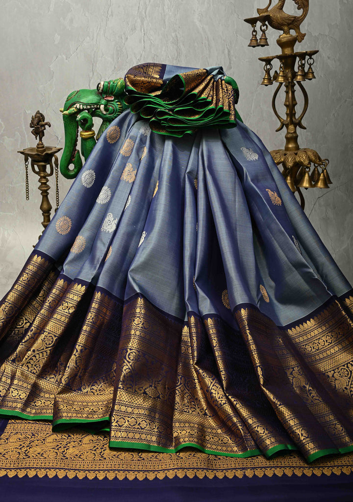 Gray Authentic Handloom Gadwal Pure Silk Saree with Gold-Silver Buttas and Contrast Wide Zari Border | SILK MARK CERTIFIED | SHOBITAM