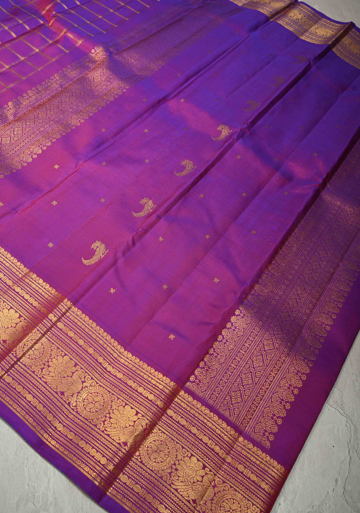 Purple Dual tone Pure Gadwal Silk Saree with Zari Checks and Zari Border | SILK MARK CERTIFIED