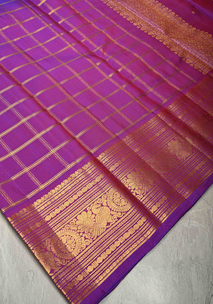 Purple Dual tone Pure Gadwal Silk Saree with Zari Checks and Zari Border | SILK MARK CERTIFIED