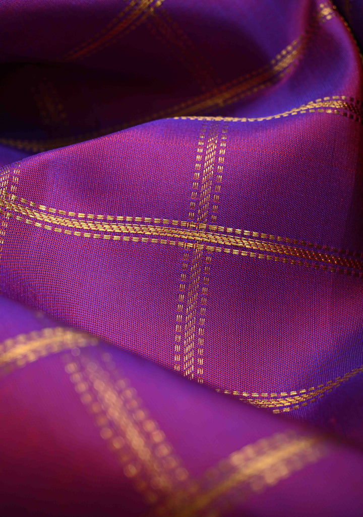 Purple Dual tone Pure Gadwal Silk Saree with Zari Checks and Zari Border | SILK MARK CERTIFIED
