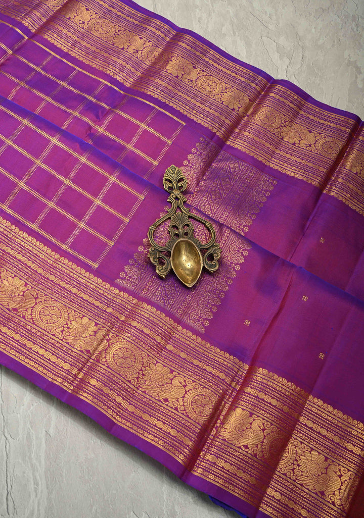 Purple Dual tone Pure Gadwal Silk Saree with Zari Checks and Zari Border | SILK MARK CERTIFIED