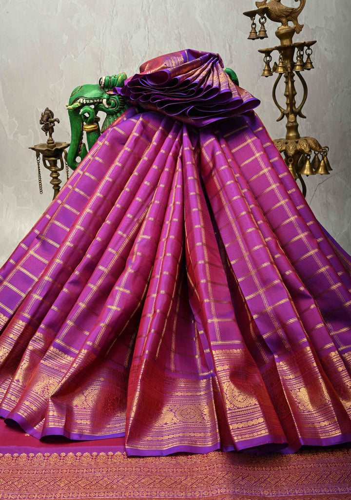 Purple Dual tone Pure Gadwal Silk Saree with Zari Checks and Zari Border | SILK MARK CERTIFIED