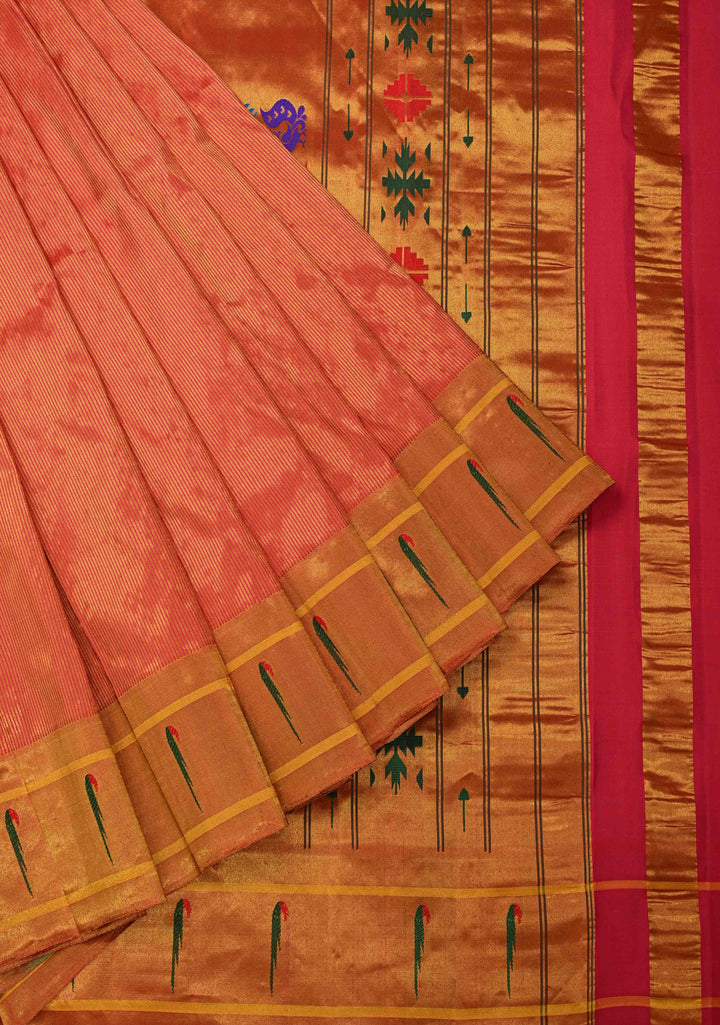Authentic Pink Yeola Paithani Handloom Silk Saree with Single Muniya Borders and Peacock Motifs on Pallu | SILK MARK CERTIFIED