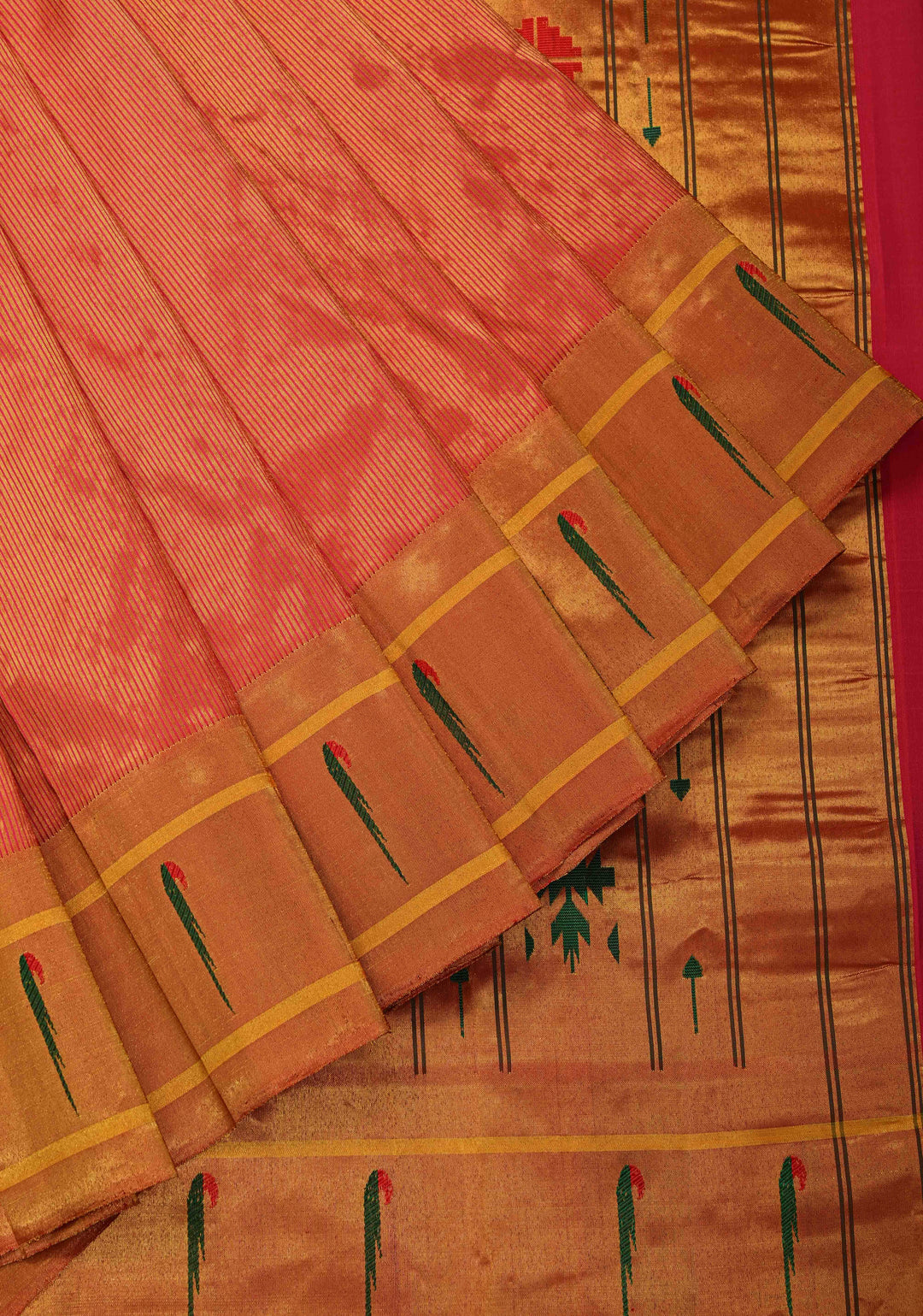 Authentic Pink Yeola Paithani Handloom Silk Saree with Single Muniya Borders and Peacock Motifs on Pallu | SILK MARK CERTIFIED