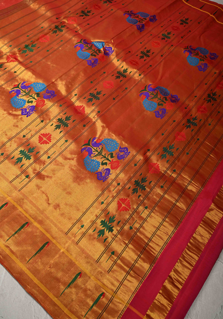 Authentic Pink Yeola Paithani Handloom Silk Saree with Single Muniya Borders and Peacock Motifs on Pallu | SILK MARK CERTIFIED