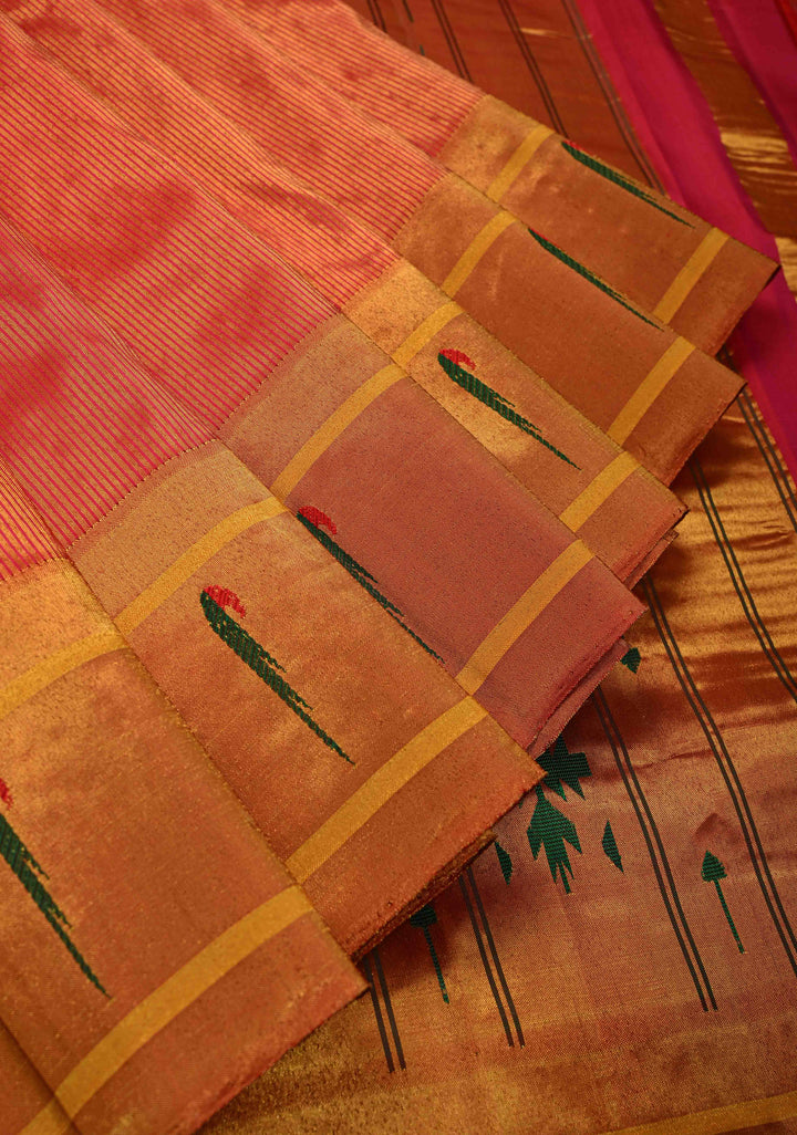 Authentic Pink Yeola Paithani Handloom Silk Saree with Single Muniya Borders and Peacock Motifs on Pallu | SILK MARK CERTIFIED