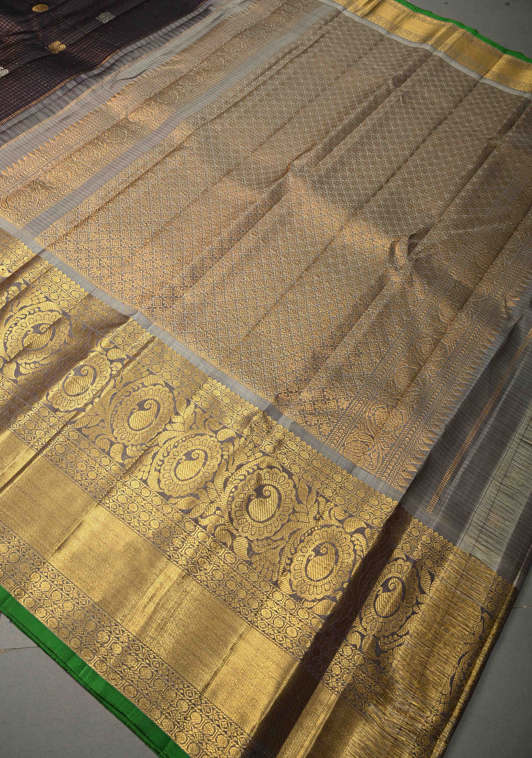 Eggplant Purple Podi-Kattam Zari Checks on Gadwal Silk Saree with Gold-Silver Buttas and Wide Zari Border | SILK MARK CERTIFIED | SHOBITAM