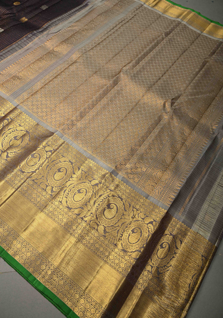 Eggplant Purple Podi-Kattam Zari Checks on Gadwal Silk Saree with Gold-Silver Buttas and Wide Zari Border | SILK MARK CERTIFIED | SHOBITAM