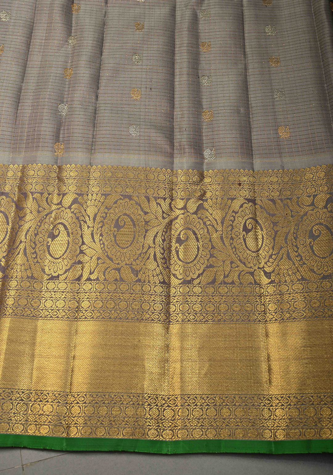 Eggplant Purple Podi-Kattam Zari Checks on Gadwal Silk Saree with Gold-Silver Buttas and Wide Zari Border | SILK MARK CERTIFIED | SHOBITAM