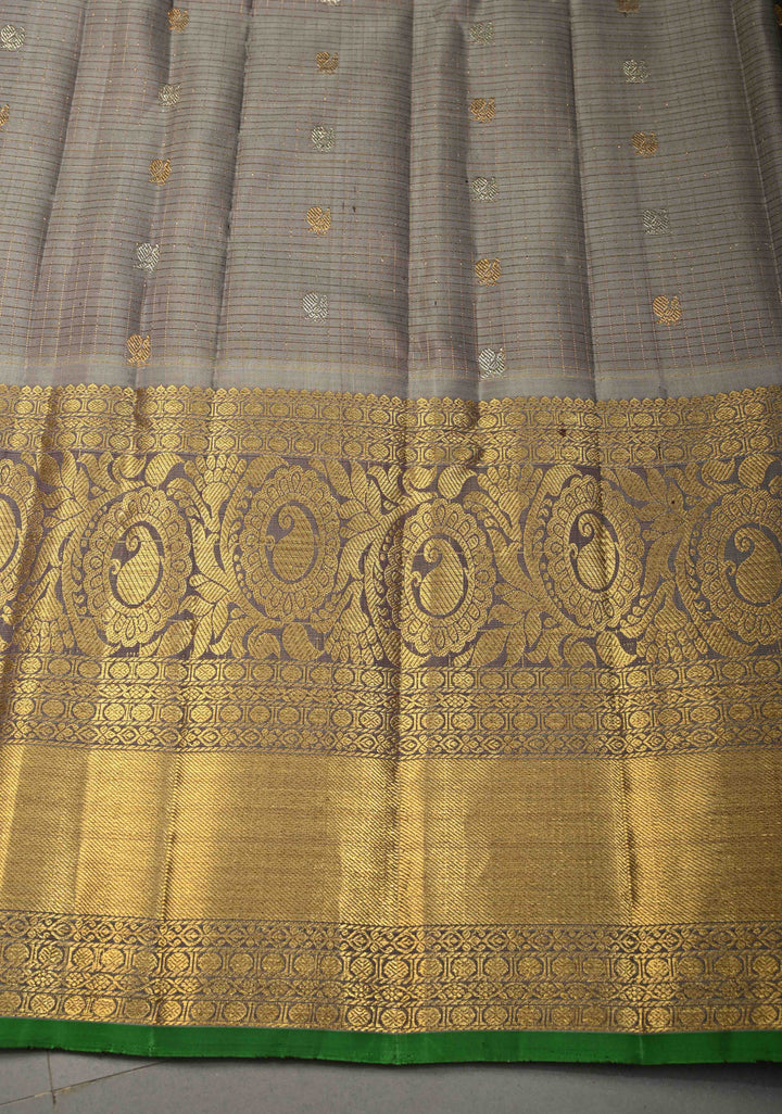 Eggplant Purple Podi-Kattam Zari Checks on Gadwal Silk Saree with Gold-Silver Buttas and Wide Zari Border | SILK MARK CERTIFIED | SHOBITAM