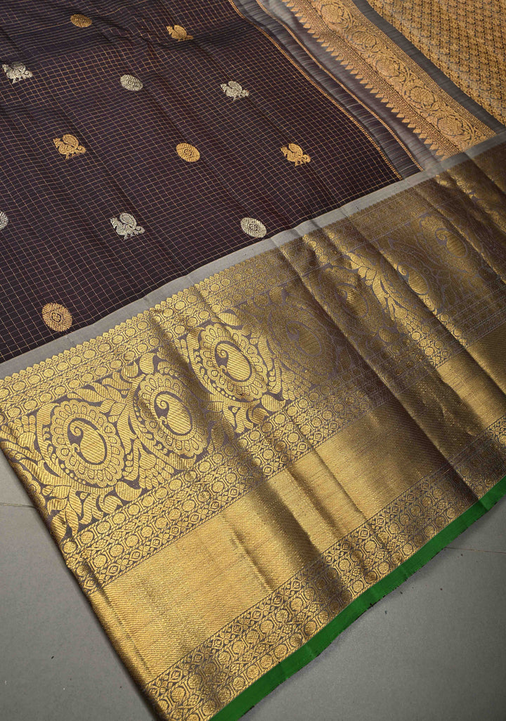 Eggplant Purple Podi-Kattam Zari Checks on Gadwal Silk Saree with Gold-Silver Buttas and Wide Zari Border | SILK MARK CERTIFIED | SHOBITAM