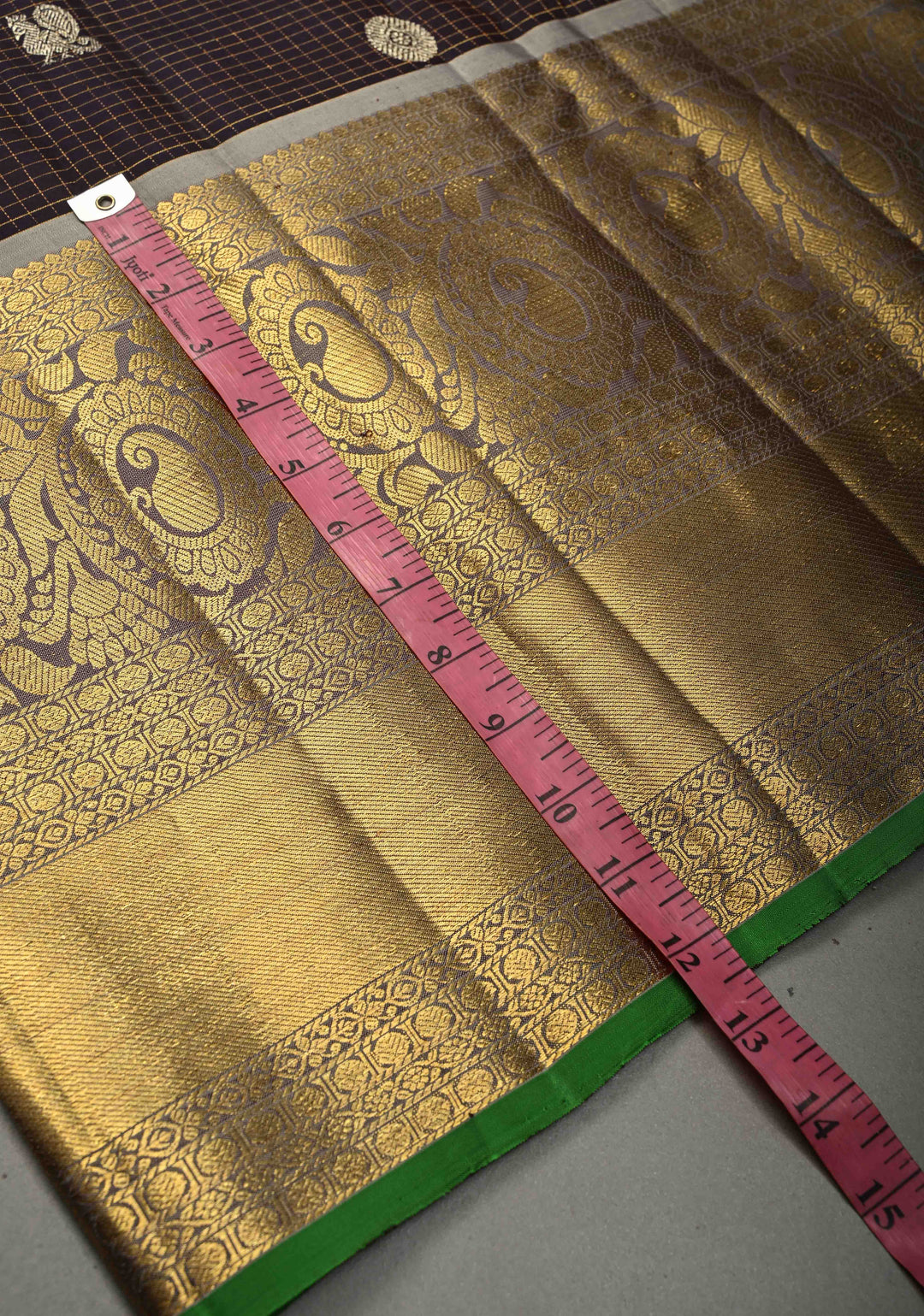 Eggplant Purple Podi-Kattam Zari Checks on Gadwal Silk Saree with Gold-Silver Buttas and Wide Zari Border | SILK MARK CERTIFIED | SHOBITAM