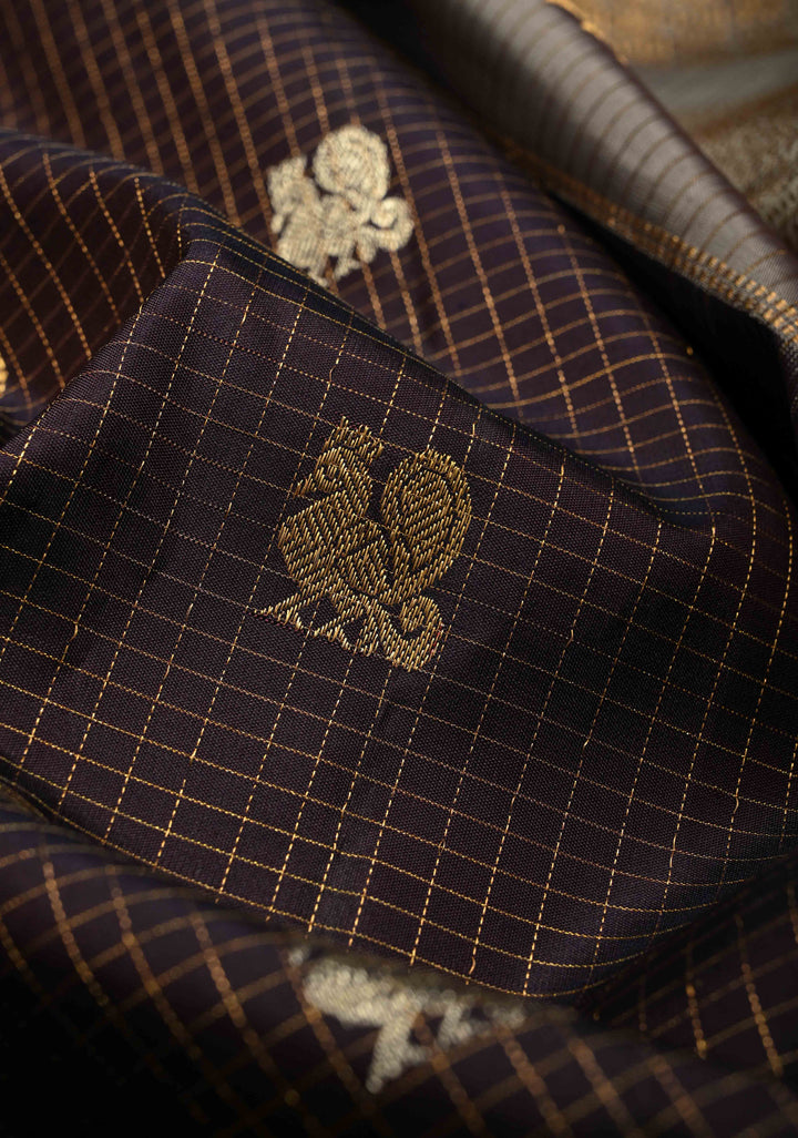 Eggplant Purple Podi-Kattam Zari Checks on Gadwal Silk Saree with Gold-Silver Buttas and Wide Zari Border | SILK MARK CERTIFIED | SHOBITAM