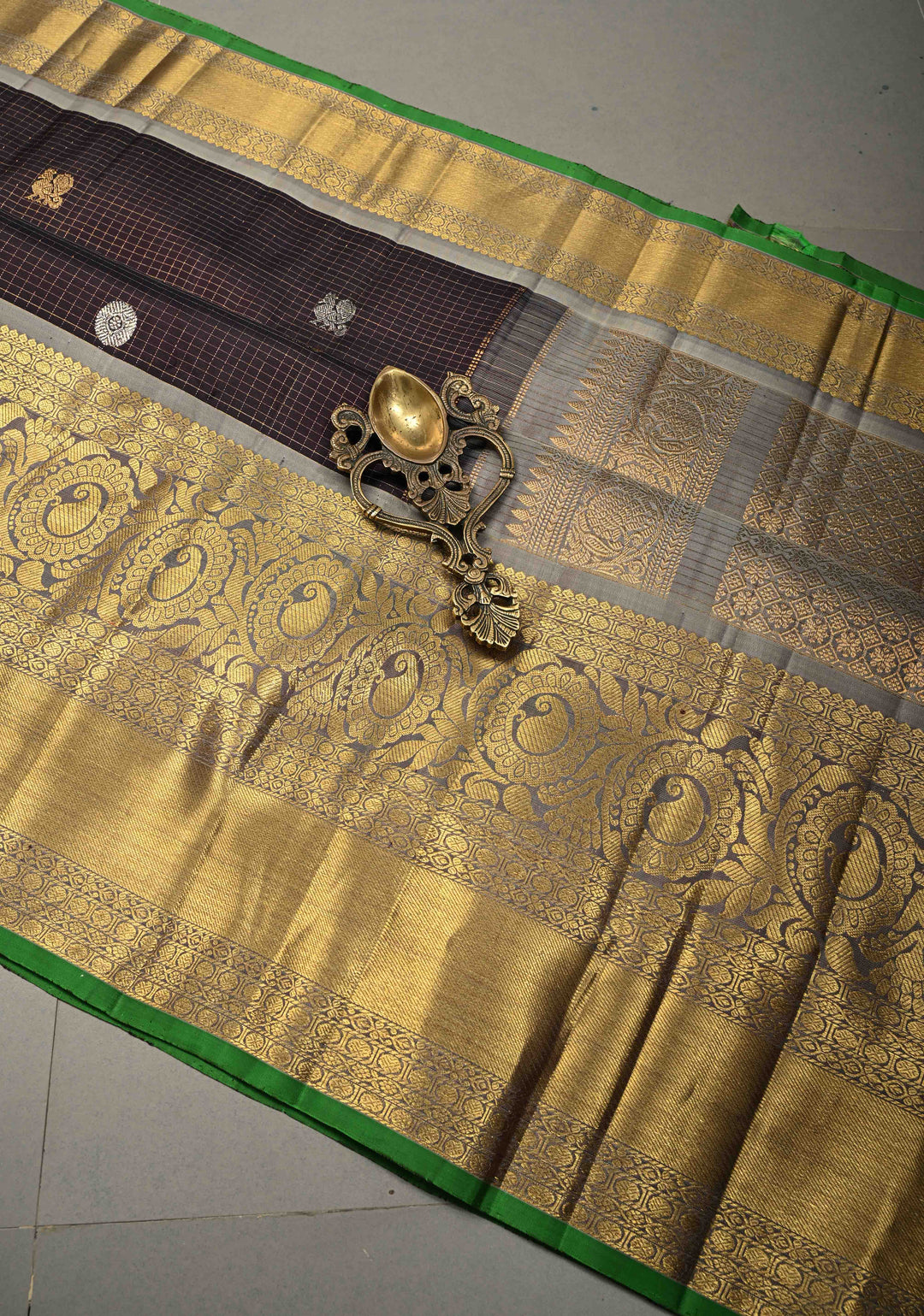 Eggplant Purple Podi-Kattam Zari Checks on Gadwal Silk Saree with Gold-Silver Buttas and Wide Zari Border | SILK MARK CERTIFIED | SHOBITAM
