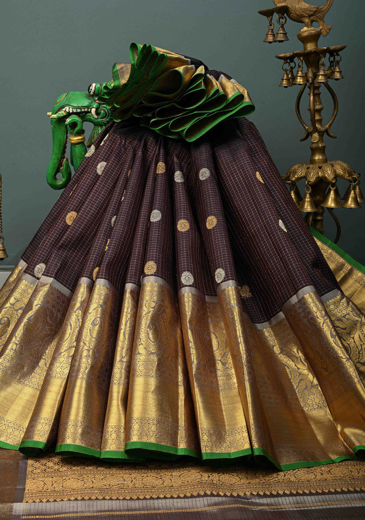 Eggplant Purple Podi-Kattam Zari Checks on Gadwal Silk Saree with Gold-Silver Buttas and Wide Zari Border | SILK MARK CERTIFIED | SHOBITAM